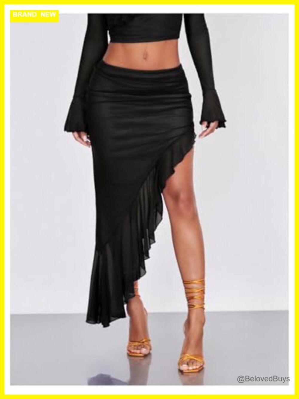 Asymmetrical High Slit Mesh Long Bodycon Maxi Skirt Ruffle Hem Ruched Flowy - Picture 4 of 6